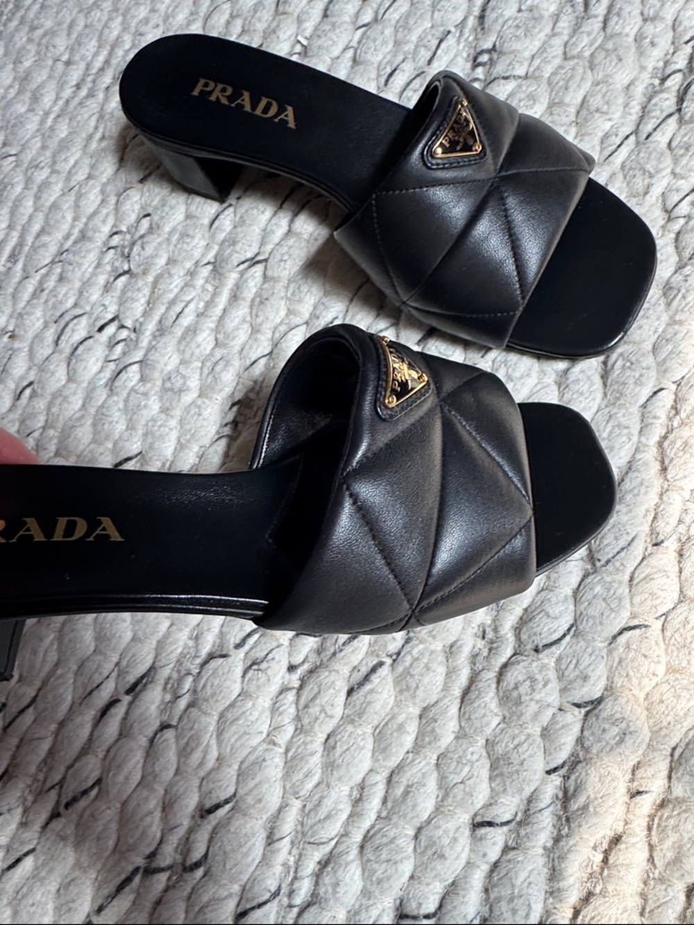 Prada Black Quilted Leather Heeled Slides with Gold Logo - Picture 3 of 8